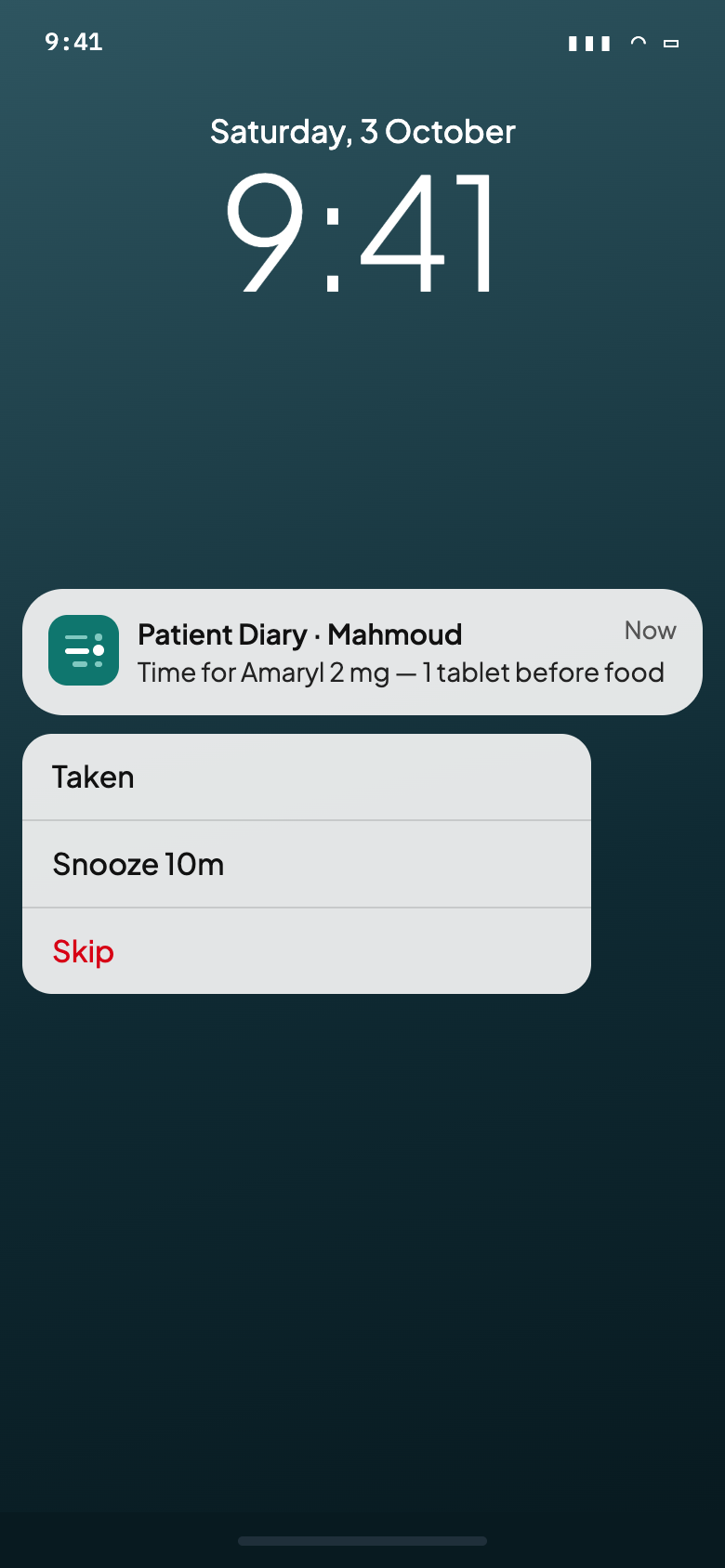 A dose reminder notification with Taken, Snooze and Skip buttons